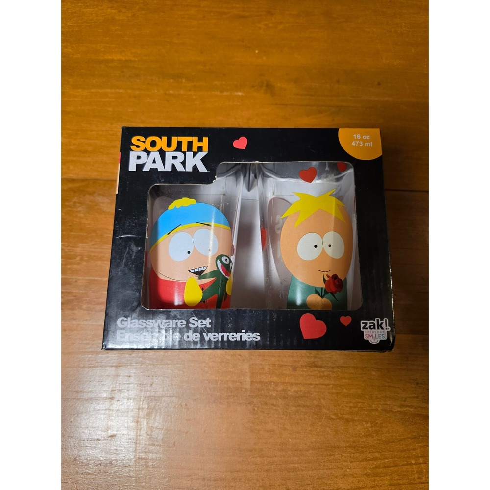 South Park Zak! Glassware Set 2pk 16oz Cartman Butters Valentine Hearts New